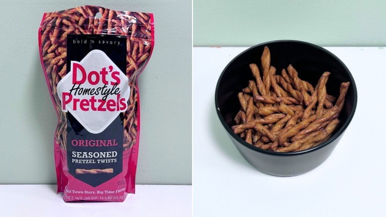 A bag of Dot's Homestyle Original Pretzels next to a bowl of twisted pretzels