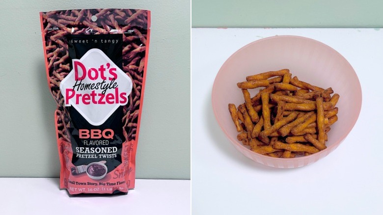 A bag of Dot's Homestyle Pretzels BBQ Flavored next to a bowl of pretzel twists