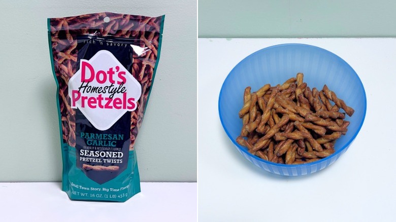 A bag of Dot's Homestyle Parmesan Garlic Pretzels next to a bowl of pretzel twists