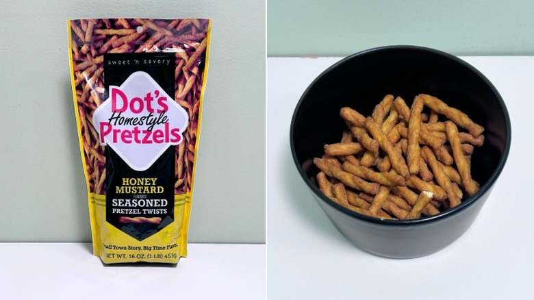 A bag of Dot's Homestyle Honey Mustard Pretzels next to a bowl of twisted pretzels