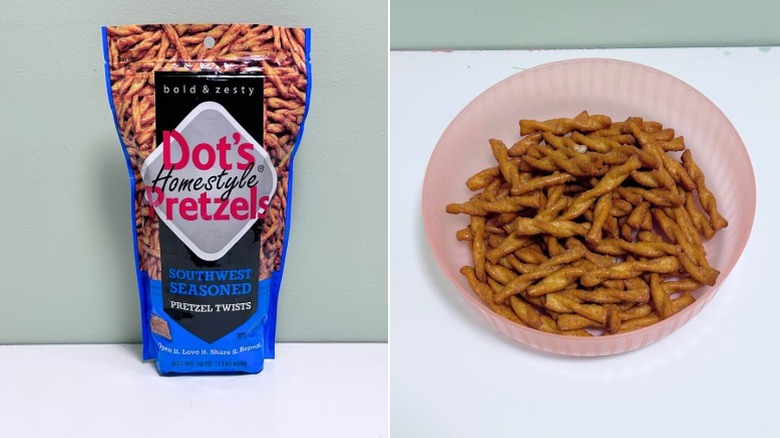 A bag of Dot's Homestyle Southwest Pretzels next to a bowl of twisted pretzels