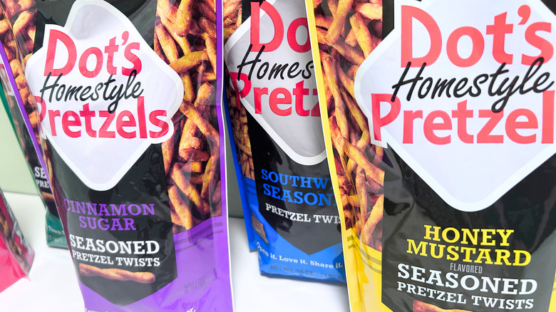 Close up of several bags of Dot's Homestyle Pretzels