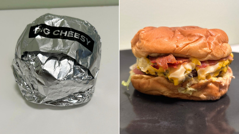 A wrapped Arby's Big Cheesy Bacon Burger beside a close up of a bacon cheeseburger