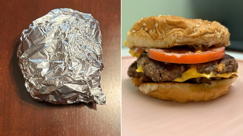Wrapped Five Guys Burger beside a bacon cheeseburger