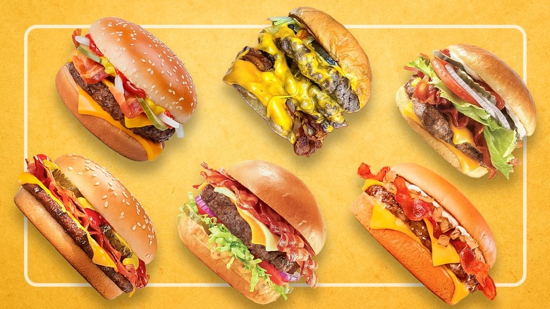 Six fast food bacon cheeseburgers on a bright yellow background