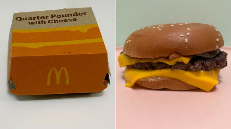 A Quarter Pounder with Cheese box beside a bacon cheeseburger