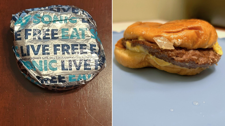 Wrapped Sonic burger next to a close up of a bacon cheeseburger