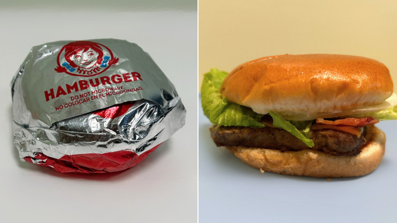 A wrapped Wendy's Big Bacon Classic beside a close up of a bacon cheeseburger