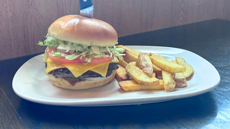 Red Robin's Gourmet Cheeseburger and fries on a white plate