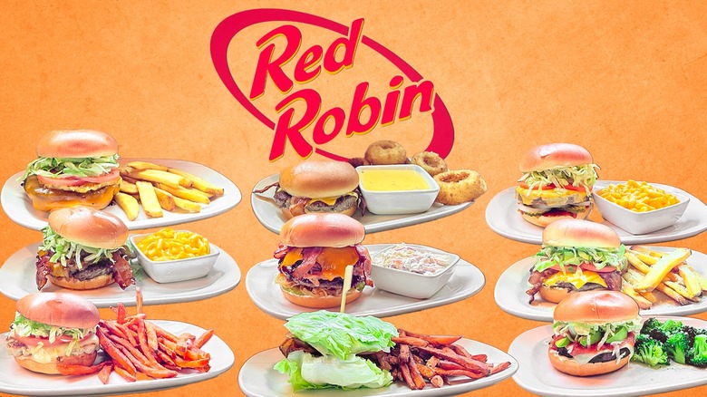 A variety of gourmet burgers underneath the Red Robin logo