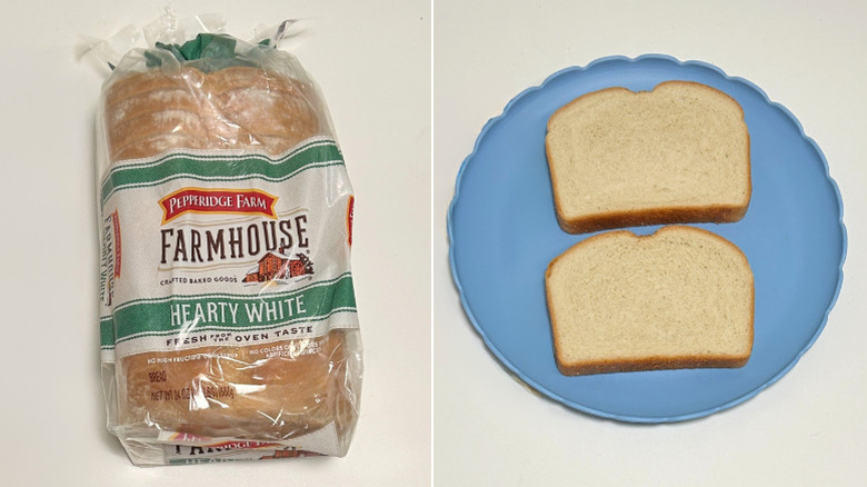 A loaf of Pepperidge Farm White Bread next to a blue plate of bread slices