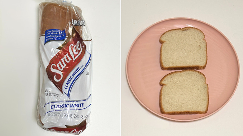 A loaf of Sara Lee Classic White Bread beside a pink plate of  bread slices