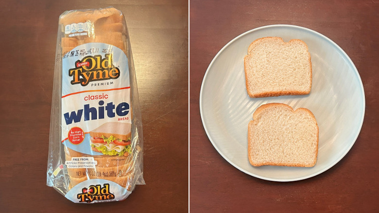 A loaf of Old Tyme White Bread next to a blue plate with bread slices