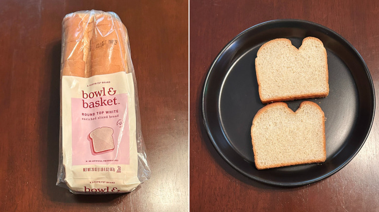 A loaf of Bowl and Basket White Bread beside a black plate with bread slices