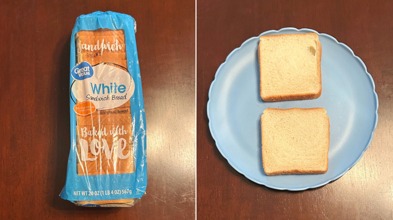 A loaf of Great Value White Bread beside a blue plate with bread slices