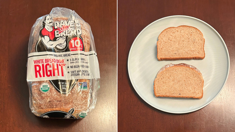 A loaf of Dave's Killer Bread next to a blue plate with bread slices