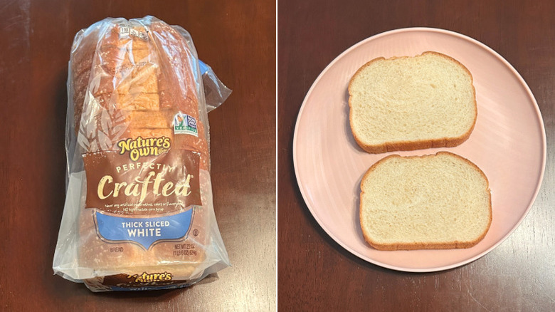 A loaf of Nature's Own Bread next to a pink plate with bread slices