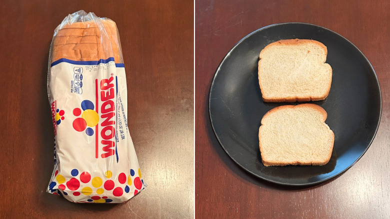 A loaf of Wonder Bread next a black plate with bread slices
