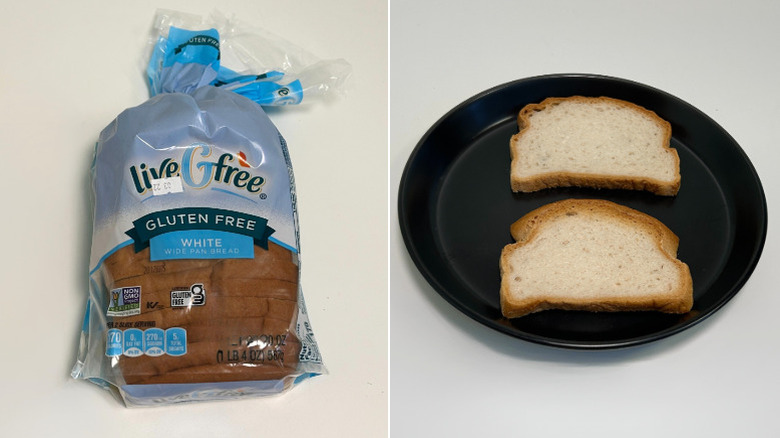 A loaf of liveGfree Gluten Free White Bread next to a black plate of bread