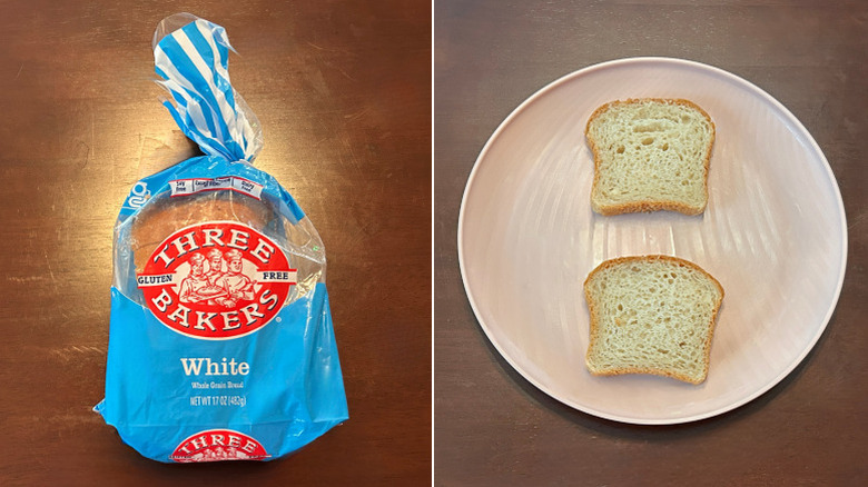 A loaf of Three Bakers Gluten Free Bread next to a pink plate of bread slices