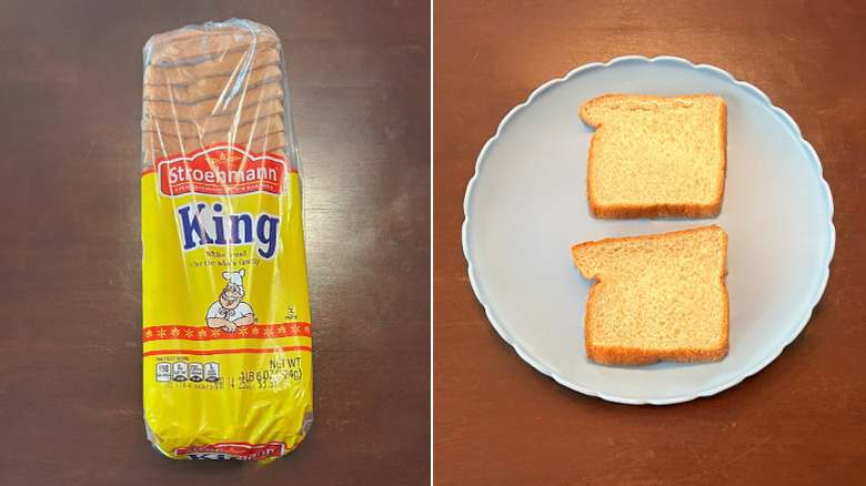A loaf of Stroehmann Bread next to a blue plate of bread slices