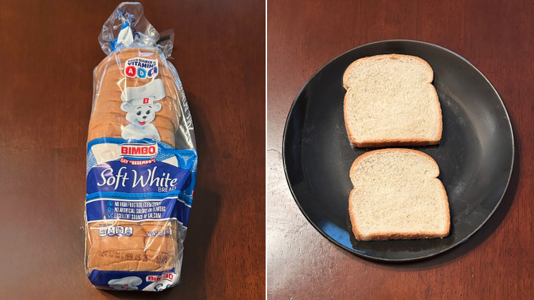A loaf of Bimbo Soft White Bread next to a black plate with bread slices