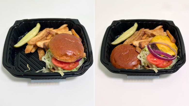 An open All-American Cheeseburger next to a put together one, both in black containers
