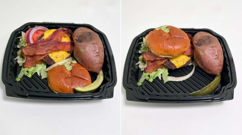 An open Bacon Cheeseburger next to a put together one, both in black containers
