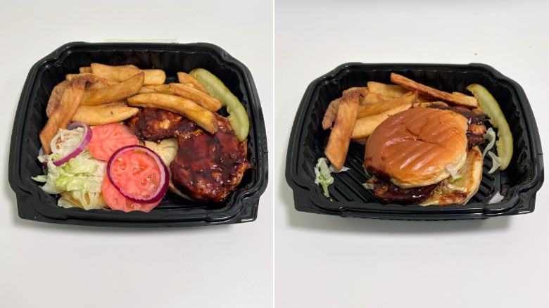 An open BBQ Chicken Sandwich next to a put together one, both in black containers