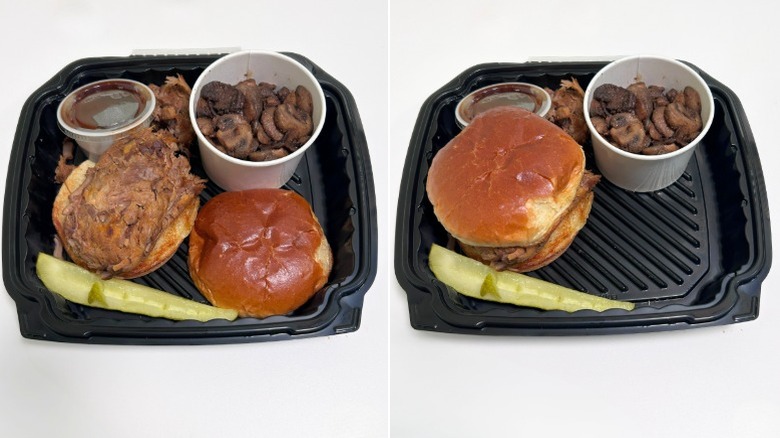 An open pulled pork sandwich next to a put together one, both in black containers