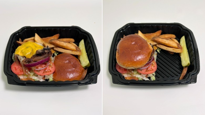 An open Smokehouse Burger next to a put together one, both in black containers