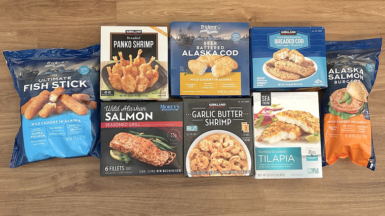Eight boxes of assorted frozen prepared fish products from Costco