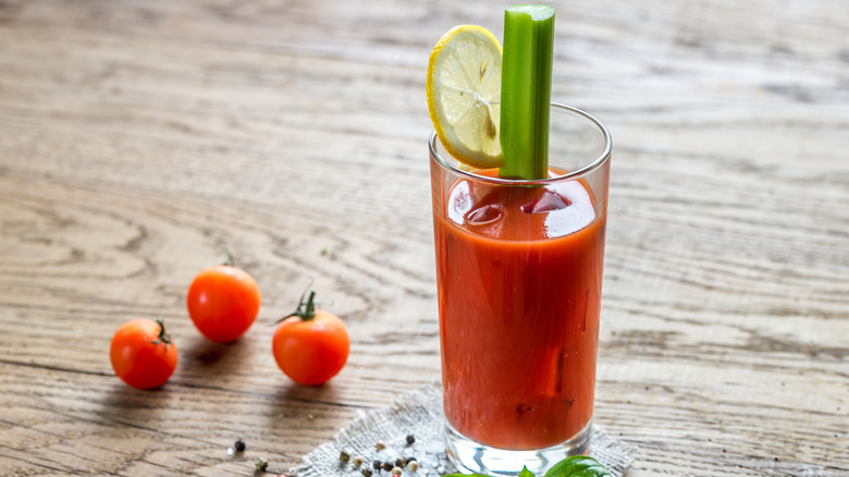 Bloody mary with garnish in glass