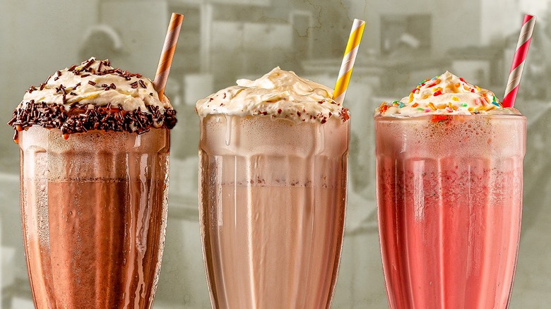 Chocolate, vanilla, and strawberry milkshake