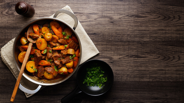 Beef stew in a pot on a table