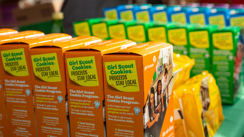 Girl Scout cookies displayed on table
