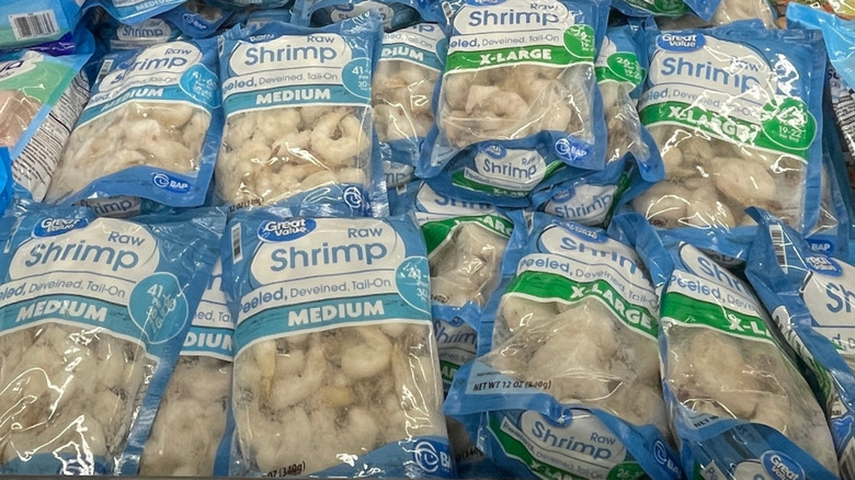 Great Value shrimp in the freezer at Walmart