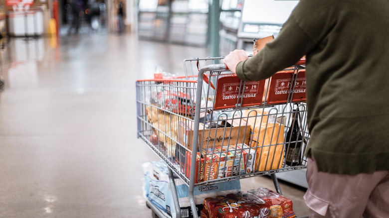 pushing a shopping cart in a grocery store