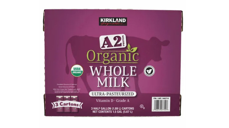 a box of Kirkland Signature A2 organic whole milk