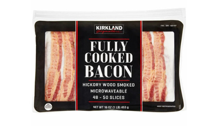 a pack of Kirkland Signature bacon against a white background