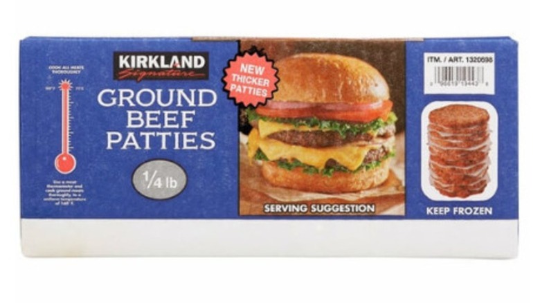 a box of Kirkland Signature Ground Beef Patties against a white background