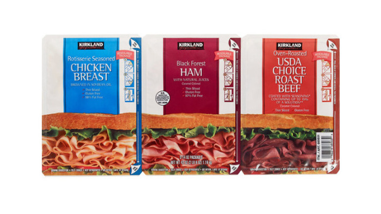 boxes of chicken breast, black forest ham, and USDA Choice roast beef lunchmeat against a white background