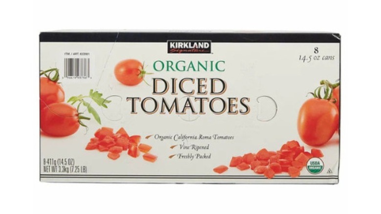 a box of Kirkland Signature organic diced tomatoes against a white background