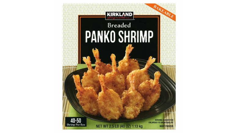 a package of Kirkland Breaded Panko Shrimp against a white background