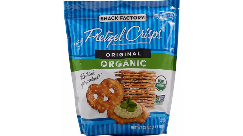 a bag of Snack Factory Pretzel Chips against a white background