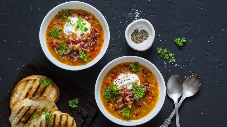Soup bowls with mayo topping
