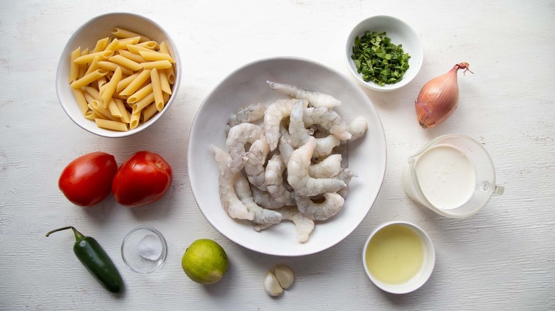 ingredients for creamy shrimp pasta with pico de gallo
