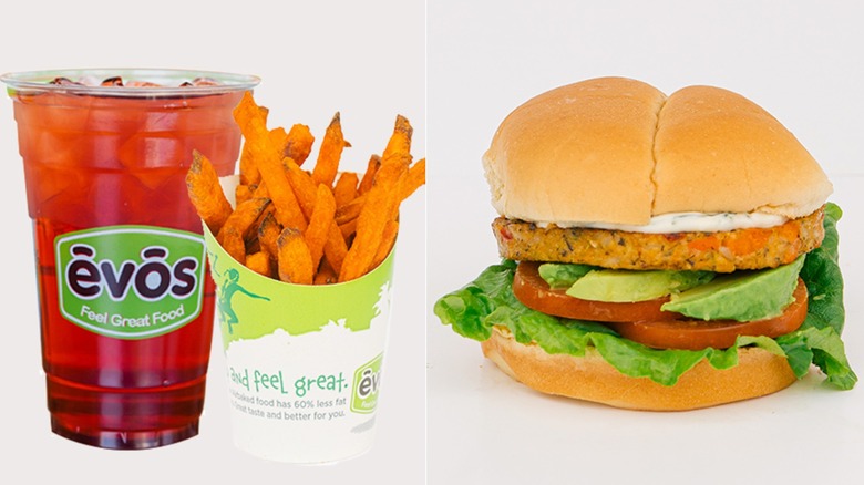 Evos fries, drink and veggie burger