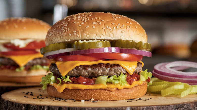 Classic American cheeseburger with pickles, onions, lettuce, tomatoes, and ketchup on a sesame seed bun