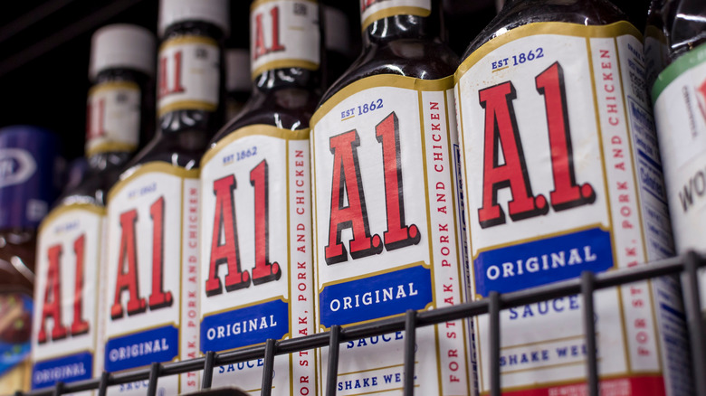 Bottles of A.1. steak sauce on a store shelf